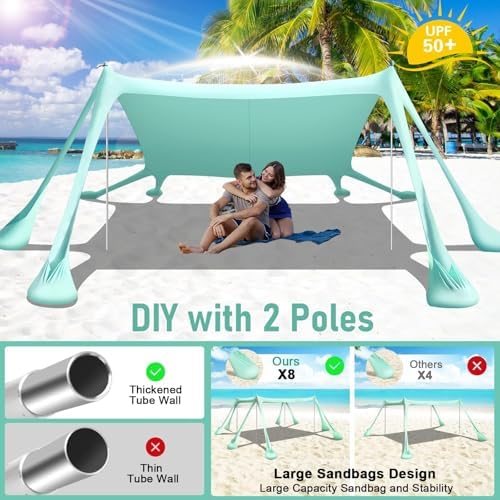 Beach Tent Sun Shelter Beach Canopy Tent Sun Shade Pop Up 10x10 UPF50+ with 8 Sandbags-2 Sand Shovel-Portable 4 Aluminum Poles-Ground Pegs-Easy Setup for Outdoor Family Camping Fishing Picnic