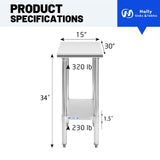 Hally Stainless Steel Table for Prep & Work 30 x 15 Inches, NSF Commercial Heavy Duty Table with Undershelf and Galvanized Legs for Restaurant, Home and Hotel