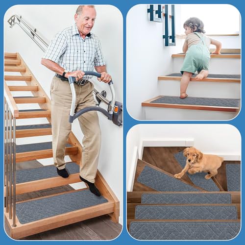 Non Slip Stair Treads for Wooden Steps,15 Pack 8" X 30" Stairs Carpet Treads Indoor with Reusable Peel and Stick Adhesive for Kids Elders and Pets