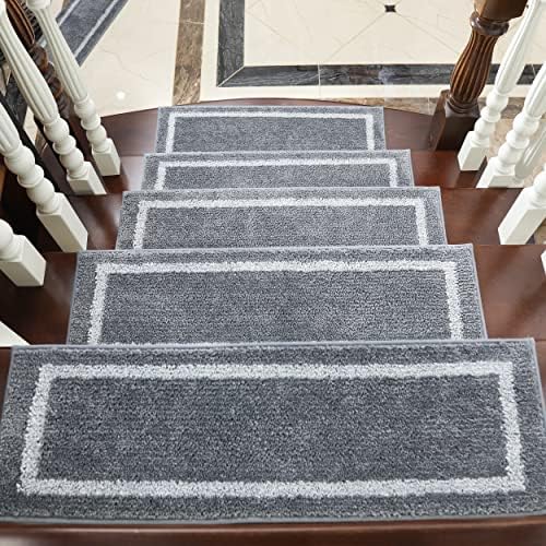 COSY HOMEER Soft Stair Treads 15pcs Non-Slip Carpet Mat 28inX9in Indoor Stair Runners for Wooden Steps,Stair Rugs for Kids and Dogs, 100% Polyester TPE Backing Grey,Square