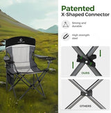 ALPHA CAMP Oversized Mesh Back Camping Folding Chair Heavy Duty Support 350 LBS Collapsible Steel Frame Quad Chair Padded Arm Chair with Cup Holder Portable for Outdoor (Black/Grey)