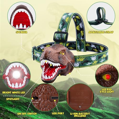 Dinosaur Headlamp for Kids Flashlight 2 Pack, Rechargeable Led Headlights Roar & Silent Mode, T-Rex Dinosaur Toys 3-5 4-6 5-7 6-8, Camping Gear, Easter Gifts for Boys Girls Adults