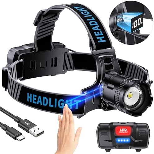 LED Headlamp Rechargeable, 2000 Lumens Super Bright Head Lamp with Motion Sensor, 5 Modes & 120°Adjustable & IPX7 Waterproof USB Rechargeable Headlight for Outdoor Camping, Running, Cycling, Climbing