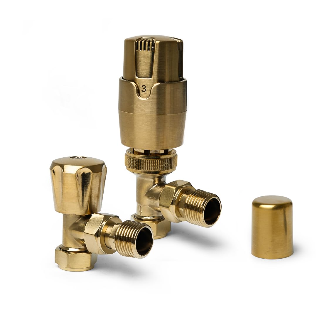 Gold Angled Thermostatic Radiator Valves TRV Modern Radiator Valves 15mm x 1/2" (Set of 2) for Heated Towel Rails & Central Heating Radiators Radiator Valve Set