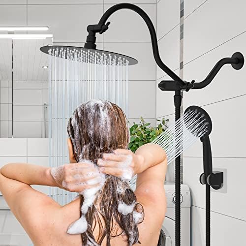Hibbent All Metal Shower Head, 10'' High Pressure Rainfall Shower Head, Handheld Showerhead Combo, 12'' Adjustable Curved Extension Arm, 7 Sprays, 71'' Shower Hose, Showerhead Holder, Matte Black