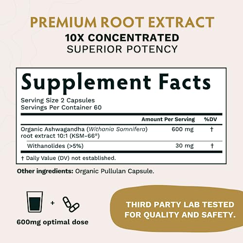 TRIBE ORGANICS Ashwagandha KSM 66 Pure Organic Root Powder Extract Ayurvedic Supplement - Focus, Mood Support, Increase Energy, Strength, 600mg of Natural KSM66 for Superior Absorption - 120 Capsules