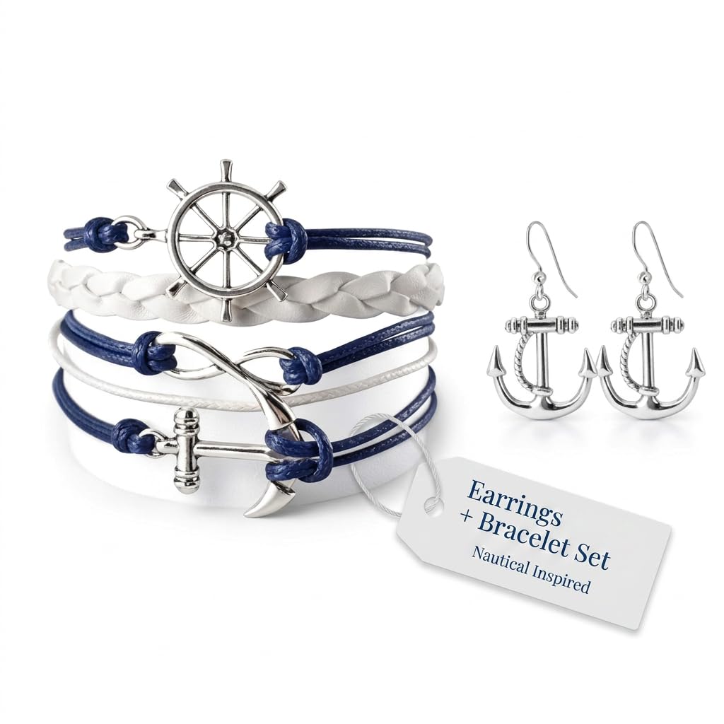 Infinity Collection Nautical Anchor Bracelet & Earrings Set, Navy & White