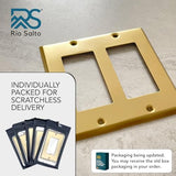 Rio Salto BRASS Metal Gold Double Light Switch Wall Plate or Outlet Cover Wall Plate, STANDARD SIZE. Corrosion Resistant Receptacle Wallplate Rocker Covers Decora 2-Gang Brushed Brass 4.6" x 4.6"
