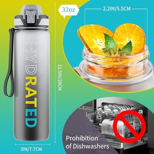 Water Bottle with Straw, 32oz Motivational Water Bottles with Time Marker to Drink, Tritan BPA Free, 1L Sports Water Bottle with Carry Strap LeakProof for Women Gym Fitness Outdoor (1 Pack)