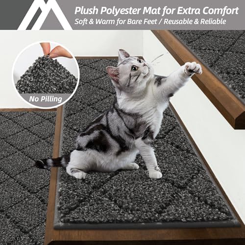 COSY HOMEER Edging Stair Treads Non-Slip Carpet Mat 28inX9in Indoor Stair Runners for Wooden Steps, Edging Stair Rugs for Kids and Dogs, 100% Polyester TPE Backing (4pc, Black)