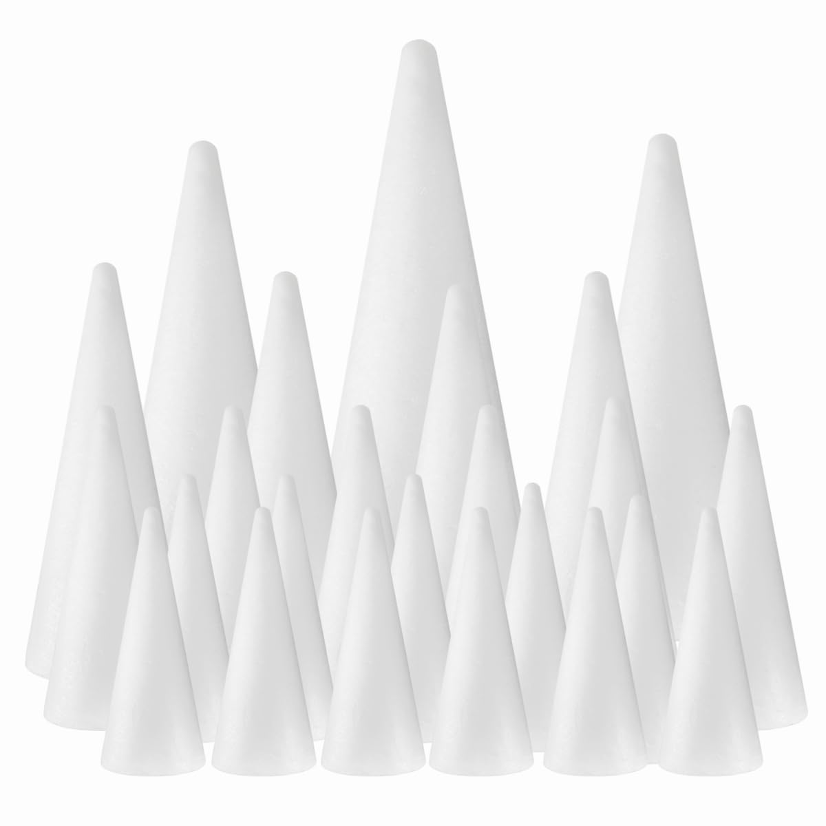 FFchuanhe 24-Pack Craft Foam Cones, Foam Tree Cones, Assorted Sizes White Polystyrene Cones Shaped Foam (4.6.8.10.12in), for Arts and Crafts, Christmas Tree, Wedding, Birthday, DIY Home Craft Project