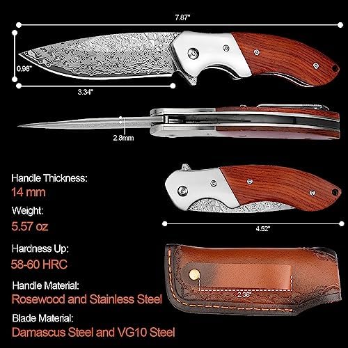 KOMWERO Damascus Pocket Knife, Sharp Damascus Steel Knife with Core VG10 Steel Blade Wood Handle, Folding Knife with Clip for Men Hunting, 60 HRC, Blade Length 3.34"
