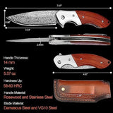 KOMWERO Damascus Pocket Knife, Sharp Damascus Steel Knife with Core VG10 Steel Blade Wood Handle, Folding Knife with Clip for Men Hunting, 60 HRC, Blade Length 3.34"