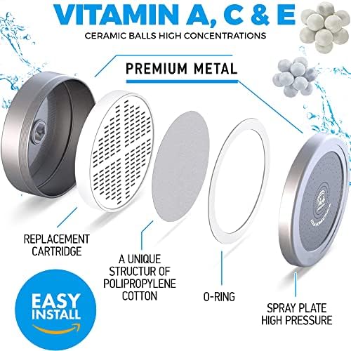 AquaHomeGroup Luxury Filtered Shower Head (Metal) 2 Cartridges Vitamin C+E+A + 5 Shower Caps - Reduses Chlorine & Sediments - Consistent Water Pressure - Massage and SPA Effery Shower Head
