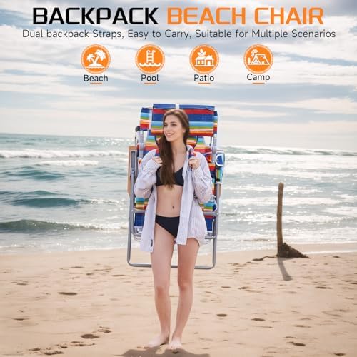 Oversized Heavy Duty Backpack Beach Chair with Sun Canopy, Reclining Lounge Chair Tanning Chair with Face Hole, 5-Position Foldable Camping Chair for Outdoor Sunbathing Beach Patio Pool (Multi Color)