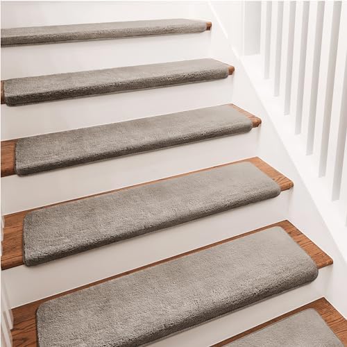 PURE ERA Carpet Stair Treads Ultra Plush 9.5" X 30"Soft Bullnose Indoor Stair Protectors Pet-Friendly Non-Slip Skid Resistant Tape Free Washable Reusable(14 Pieces, Cream Gray)