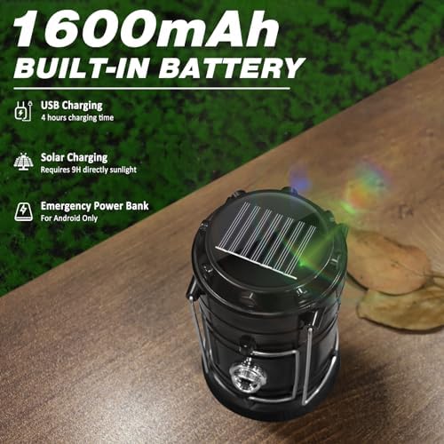 DIBMS 2-Pack Solar Camping Lantern, Collapsible LED Solar USB Rechargeable Lantern Flashlight Emergency Hanging Lights for Camping Hurricanes Power Outages Indoor Outdoor