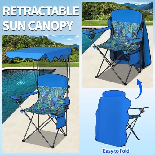 Camping Chair with Canopy, Chair with Cup Holders, Portable Camping Chairs with Carry Bag&Side Pocket, Beach Chair with Shade, Camp Chairs for Adult, Outdoor Folding Chair Support 330 LBS