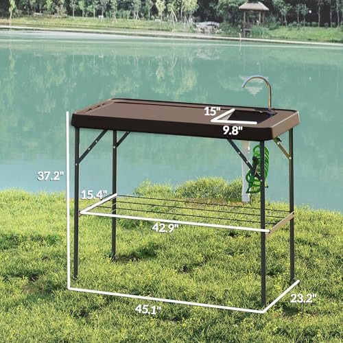 Outsunny Folding Fish Cleaning Table with Sink, Portable Camping Sink Station with Faucet, Drainage Hose, Sprayer and Grid Rack, Outdoor Fillet Table for Picnic Beach Patio, Tan