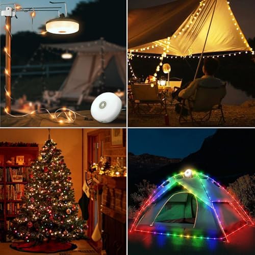2-Pack Camping String Lights, 4 in 1 Outdoor String Lights with 8 Lighting Modes, Quick Storage, USB Charging, Portable Camping Light Rechargeable, 32.8ft Waterproof Tent Light for Hiking,Christmas