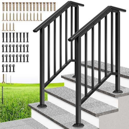VIVOHOME 2-Pack Wrought Iron Hand Rails for Outdoor Steps – 27.1" Black Oval and Safety Balusters Exterior Railing Kit for Porch, Deck, or Indoor Stairs (3-Step, Black)