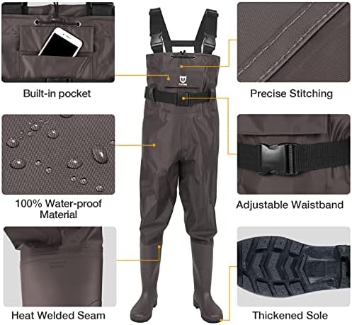 TIDEWE Bootfoot Chest Wader, 2-Ply Nylon/PVC Waterproof Fishing Hunting Waders with Boot Hanger for Men Women Green Brown