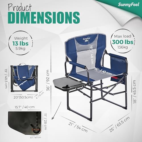 SUNNYFEEL Oversized Camping Directors Chair 2 Pack, Portable Folding Lawn Chairs for Adults Heavy Duty with Side Table,Pocket for Beach, Fishing,Picnic,Concert Outdoor, Foldable Camp Chairs