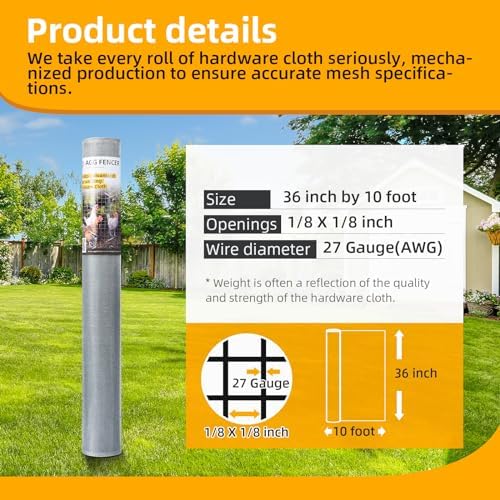 36in x 10ft Hardware Cloth 1/8 inch 27Ga Hot Dipped Galvanized After Welding, Chicken Coop Wire Fence, Welded Metal Fencing Roll Mesh for Bee Screen Garden Plant Poultry Animal Netting Cage