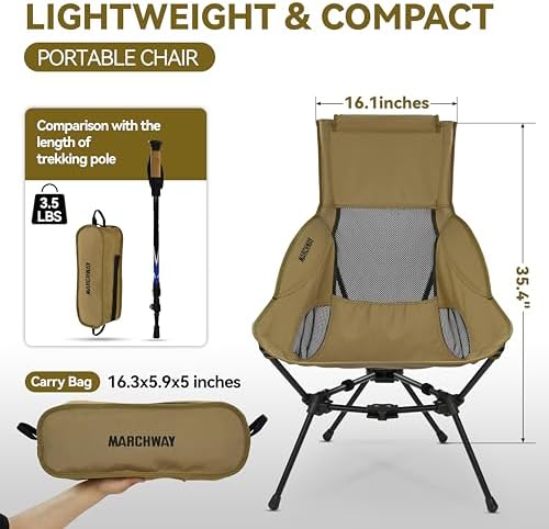 MARCHWAY Lightweight Folding High Back Camping Chair with Head Support, Stable Portable Compact for Outdoor Camp, Travel, Beach, Picnic, Festival, Hiking, Backpacking (Highback Khaki)