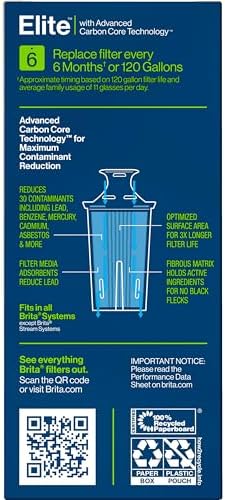 Brita Elite Water Filter Replacement for Pitchers and Dispensers, BPA-Free, Reduces 99% of Lead, Lasts Six Months or 120 Gallons, Includes 1 Pitcher Replacement Filter