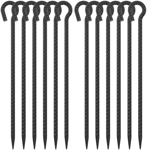 18 Inch Rebar Stakes with Loop 12 Pack Tent Stakes Heavy Duty 1/2 Inch Diameter Metal Tree Stakes and Supports, Rope Stakes for Walkway Fence Trampoline Outdoor Camping, Black