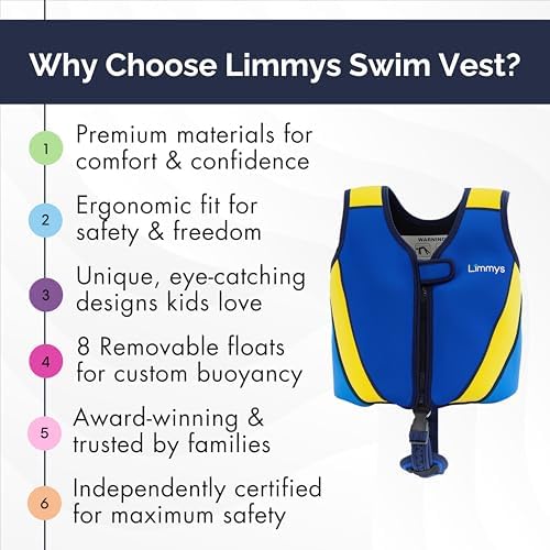 Limmys Premium Kids Swim Vest - Toddler Swim Jacket and Buoyancy Swimming Aid - Modern Design Swimming Vest for Boys, Girls and Babies - Drawstring Bag Included