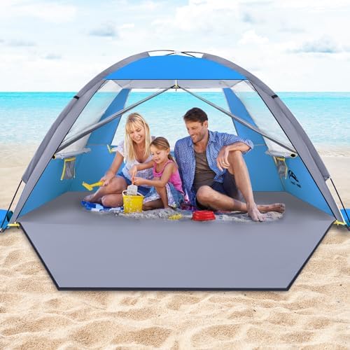 Happy Travel Beach Tent, UPF 50+ UV Protection Sun Shade Shelter for 3/4/5/6/7/8 Person, Portable Beach Canopy for Family & Baby, Lightweight & Easy Setup Beach Cabana with 3 Ventilation Mesh Windows