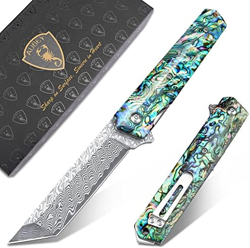AUBEY Damascus Pocket Knife with Clip, Sharp Tanto Blade with VG10 Core Folding Knife with Abalone Shell Handle and Glass Breaker, EDC Camping Knife for Gift Survival Collection