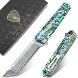 AUBEY Damascus Pocket Knife with Clip, Sharp Tanto Blade with VG10 Core Folding Knife with Abalone Shell Handle and Glass Breaker, EDC Camping Knife for Gift Survival Collection
