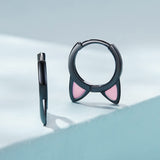 Black Cat Small Hoop Earrings Sterling Silver 925 Cute Animal Pet Pink Ears Cartilage Tragus Earrings Tiny Round Huggie Hoops Statement Earrings Fashion Jewelry for Women Girls