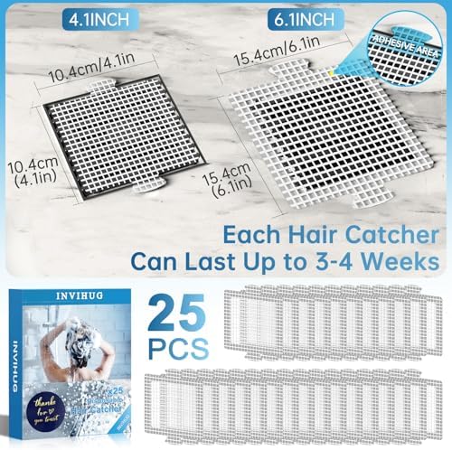 INVIHUG,25 Pack,Disposable Shower Drain Hair Catcher Mesh Stickers,Disposable Hair Drain Catcher（6.1inch Square）