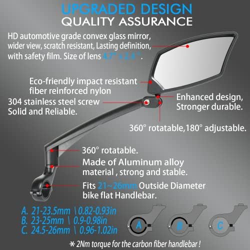 Handlebar Bike Mirror, Scratch Resistant Glass Lens, Ajustable and Rotatable Safe Rearview Bicycle Mirror