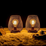 DECORKEY Set of 2 Rechargeable LED Table Lantern, Brown Metal Cage Cordless Lamps with LED Bulb，Vintage Decorative Outdoor Lantern for Weddings, Parties, Patio, Events for Indoors Shelf Decor