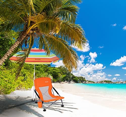 Low Beach Chair for Adults Beach Chair with Umbrella Folding Chair Detachable SPF 50+ Umbrella, Armrests, Cup Holder, Portable Sand Chair (2-Pack Orange)