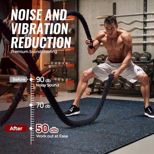 SUPERJARE 0.56'' Thick 12 Pcs 48 Sq Ft Rubber Top Exercise Equipment Mats, High Density EVA Foam Mats with Rubber Top, Interlocking Gym Flooring for Home Gym, Protective Workout Mat, Black/Blue