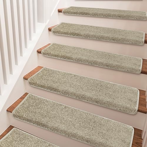 PURE ERA Bullnose Carpet Stair Treads Set Tape Free Non-Slip Indoor Stair Protectors Pet Friendly Rugs Covers Soft Skid Resistant Washable Reusable 9.5" x 30"(14 Pieces,Cream Gray)