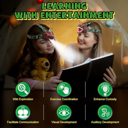 Dinosaur Headlamp for Kids Flashlight 2 Pack, Rechargeable Led Headlights Roar & Silent Mode, T-Rex Dinosaur Toys 3-5 4-6 5-7 6-8, Camping Gear, Easter Gifts for Boys Girls Adults