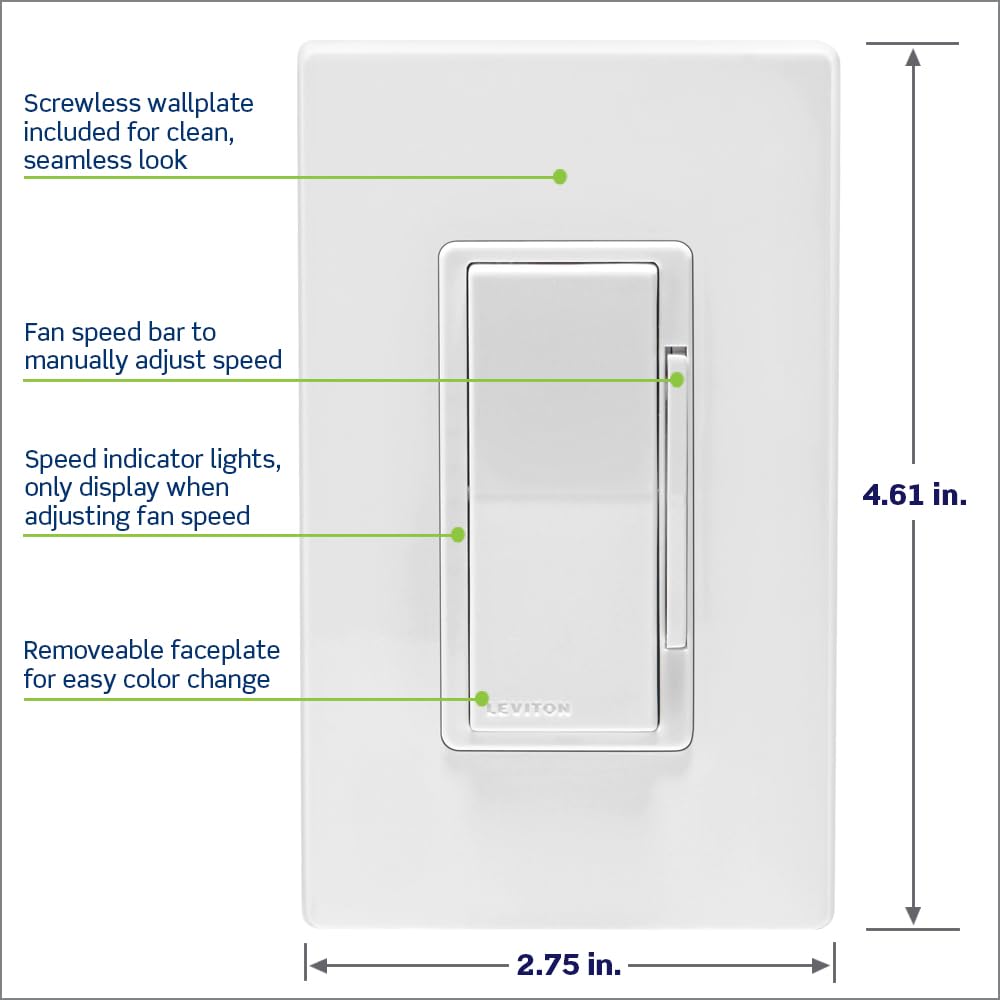 Leviton Decora Smart Fan Speed Controller, Wi-Fi 2nd Gen, Neutral Wire Required, Works with My Leviton, Alexa, Google Assistant, Apple Home/Siri & Wired or Wire-Free 3-Way, D24SF-1RW, White