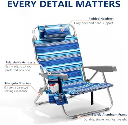 5-Position Aluminum Lay Flat Tall Backpack Beach Chairs 2 Pack, Compact Portable Beach Chairs for Adults with Cooler Pouch, Storage Pouch, Towel Bar, Cup Holder & Phone Holder, Blue Stripe