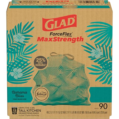 Glad ForceFlex MaxStrength Kitchen Trash Bags, 13 Gal, Bahama Bliss Febreze, 90 Ct (Pack May Vary)