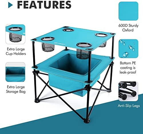 VILLEY Portable Camping Picnic Table, Lightweight Folding Beach Table with 4 Cup Holders and Carry Bag for Camp, Travel, Fishing, and Outdoor Activities