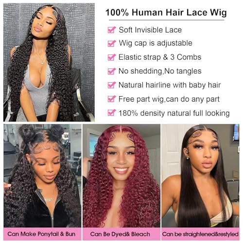 Ksflaae 13x6 Lace Front Wigs Human Hair Pre Plucked 180% Density HD Transparent Water Wave Lace Frontal Wigs Human Hair for Women Curly Lace Front Wigs with Baby Hair Natural Color 26Inch