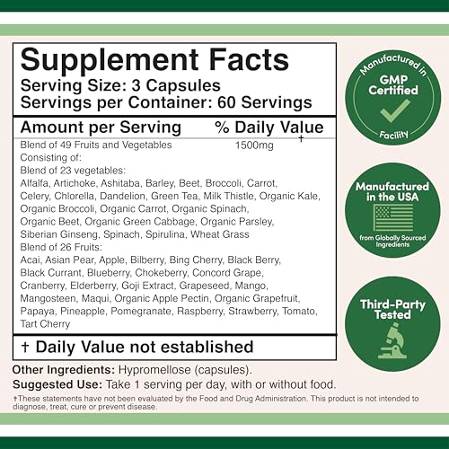 Fruits and Veggies Supplement (Daily Blend of 49 Different Fruits and Vegetables, 23 Veggies and 29 Fruits) 1,500mg Servings, 180 Capsules (No Fillers, Vegan Safe, Non-GMO) by Double Wood