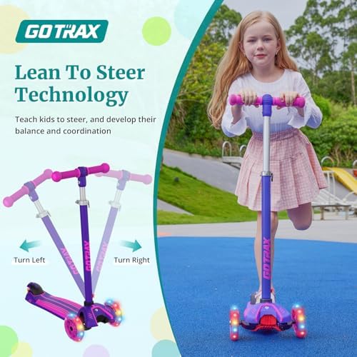 Gotrax KS1 Kids Kick Scooter, LED Lighted Wheels and 3 Adjustable Height Handlebars, Lean-to-Steer & Widen Anti-Slip Deck, 3 Wheel Scooter for Boys & Girls Ages 2-8 and up to 100 Lbs
